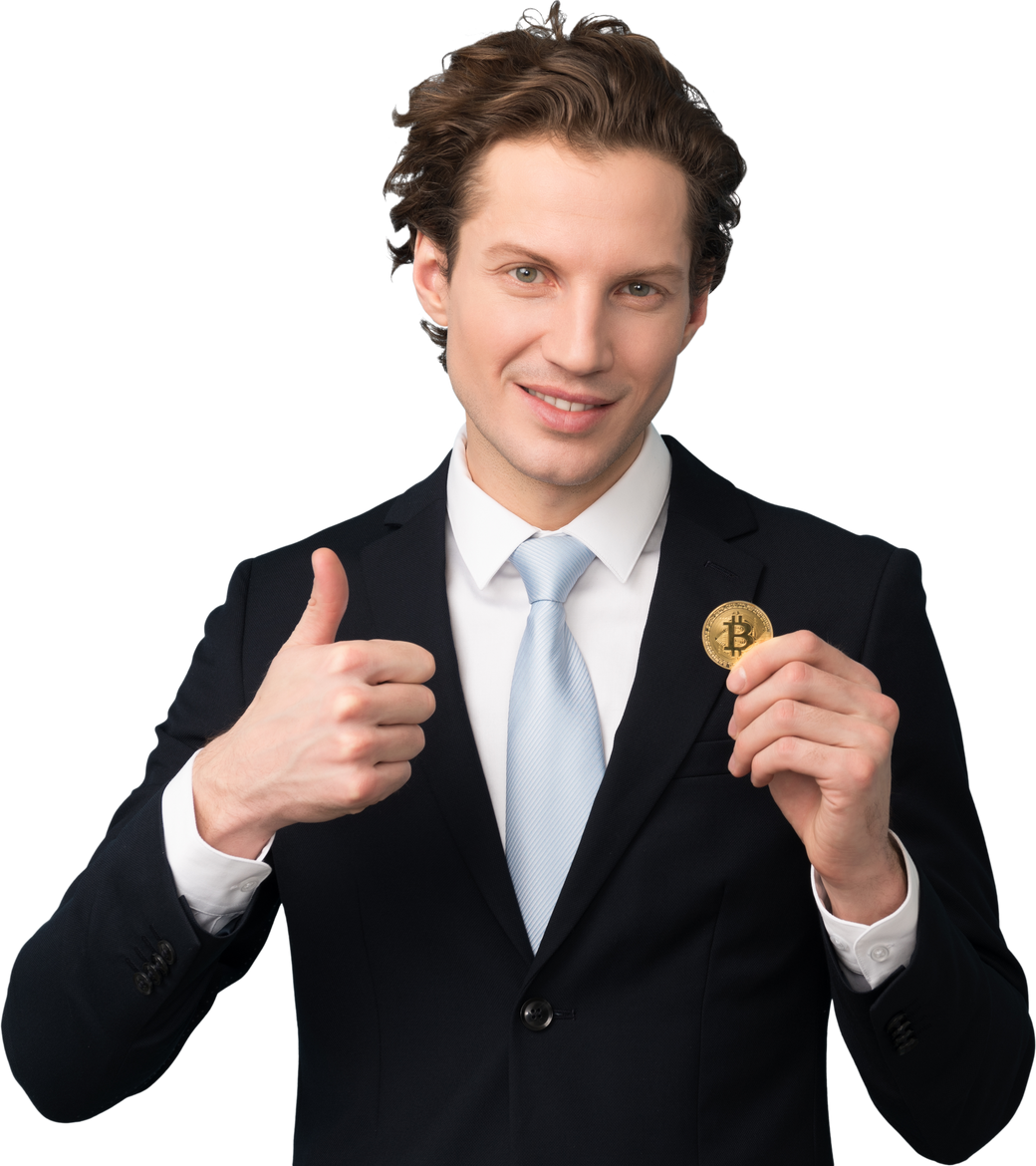 Businessman Holding a Bitcoin Token